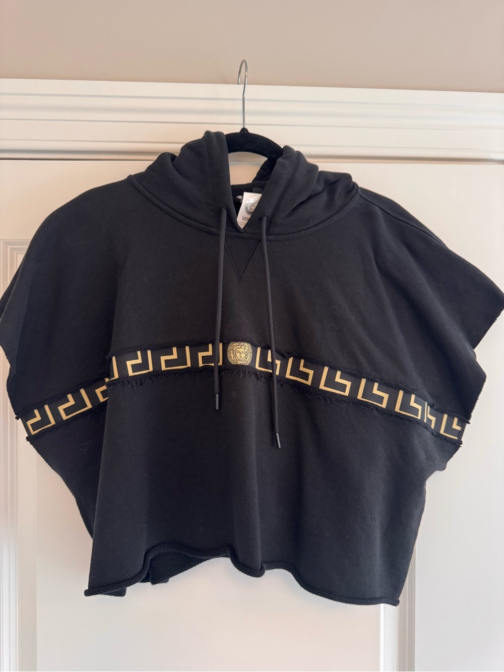 Versace Black Crop Hoodie with Gold Greek Key Trim